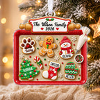 Personalized cookie family ornament with a cozy knit background