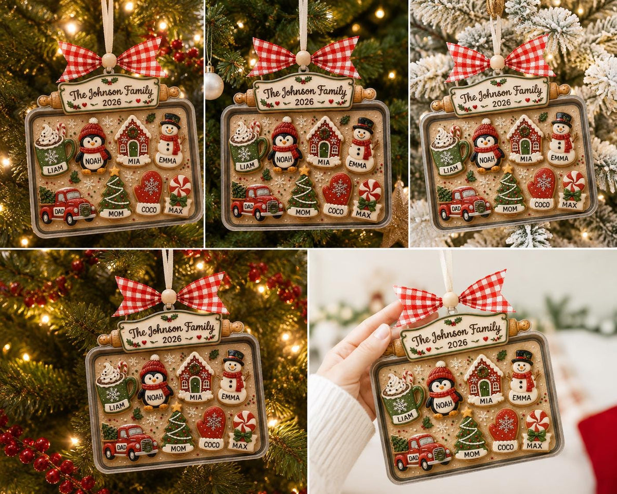 Collage of the family cookie tray ornament in different settings