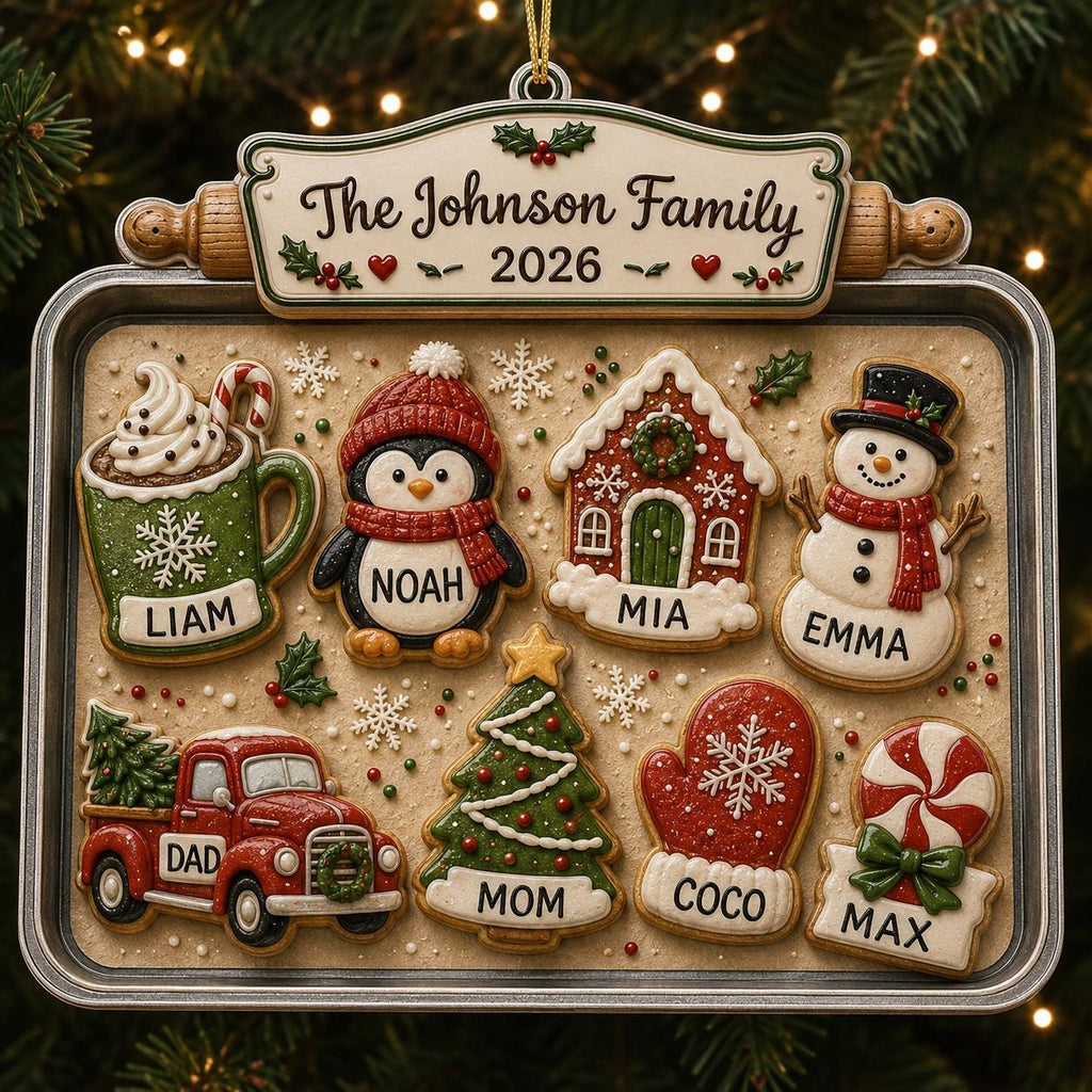 Close-up of Christmas cookies with names on the baking tray ornament