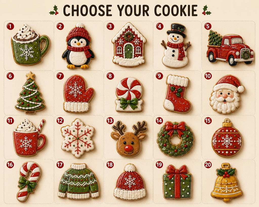 Choose your cookie chart with 20 Christmas cookie designs