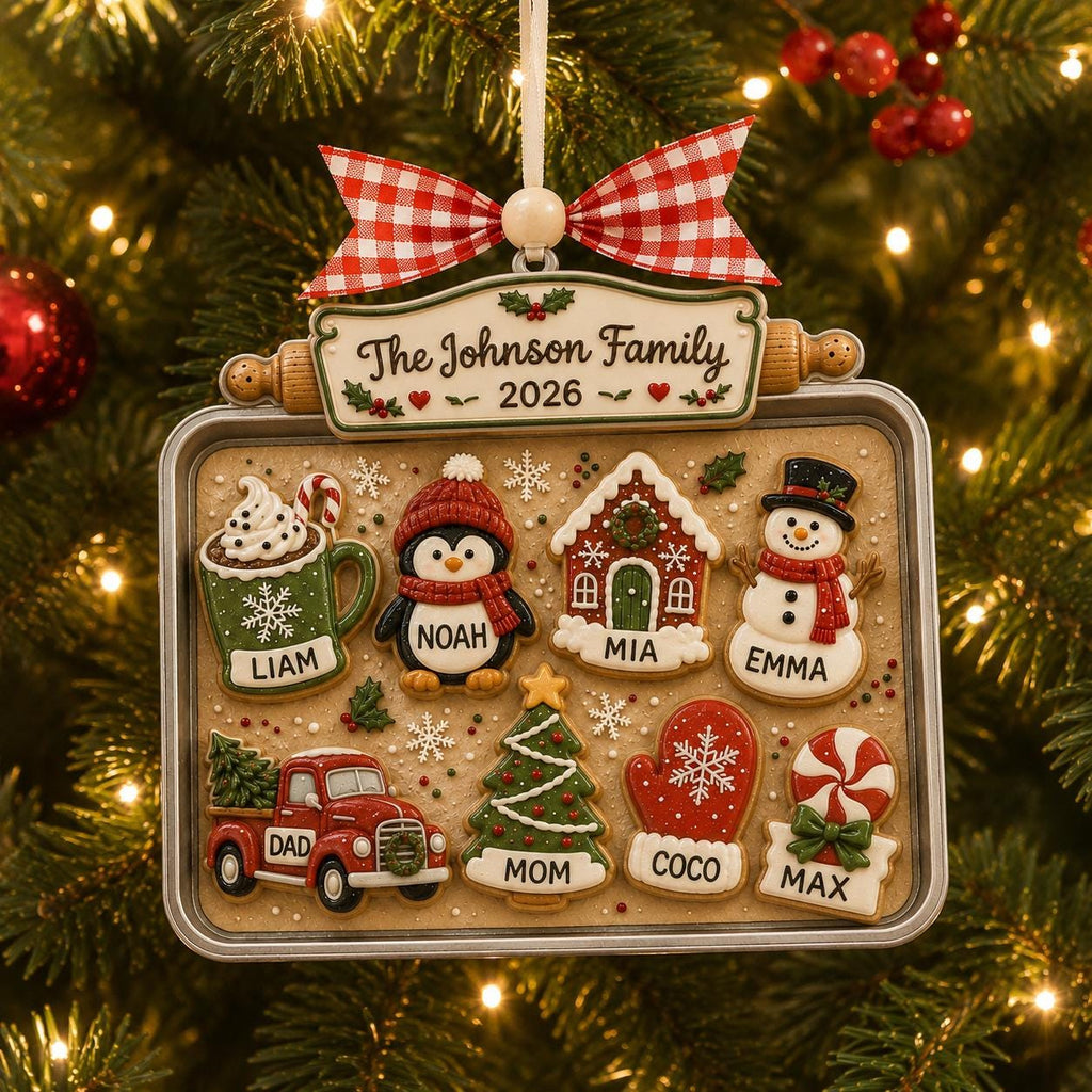 Cookie baking tray ornament for bakers hanging among Christmas lights