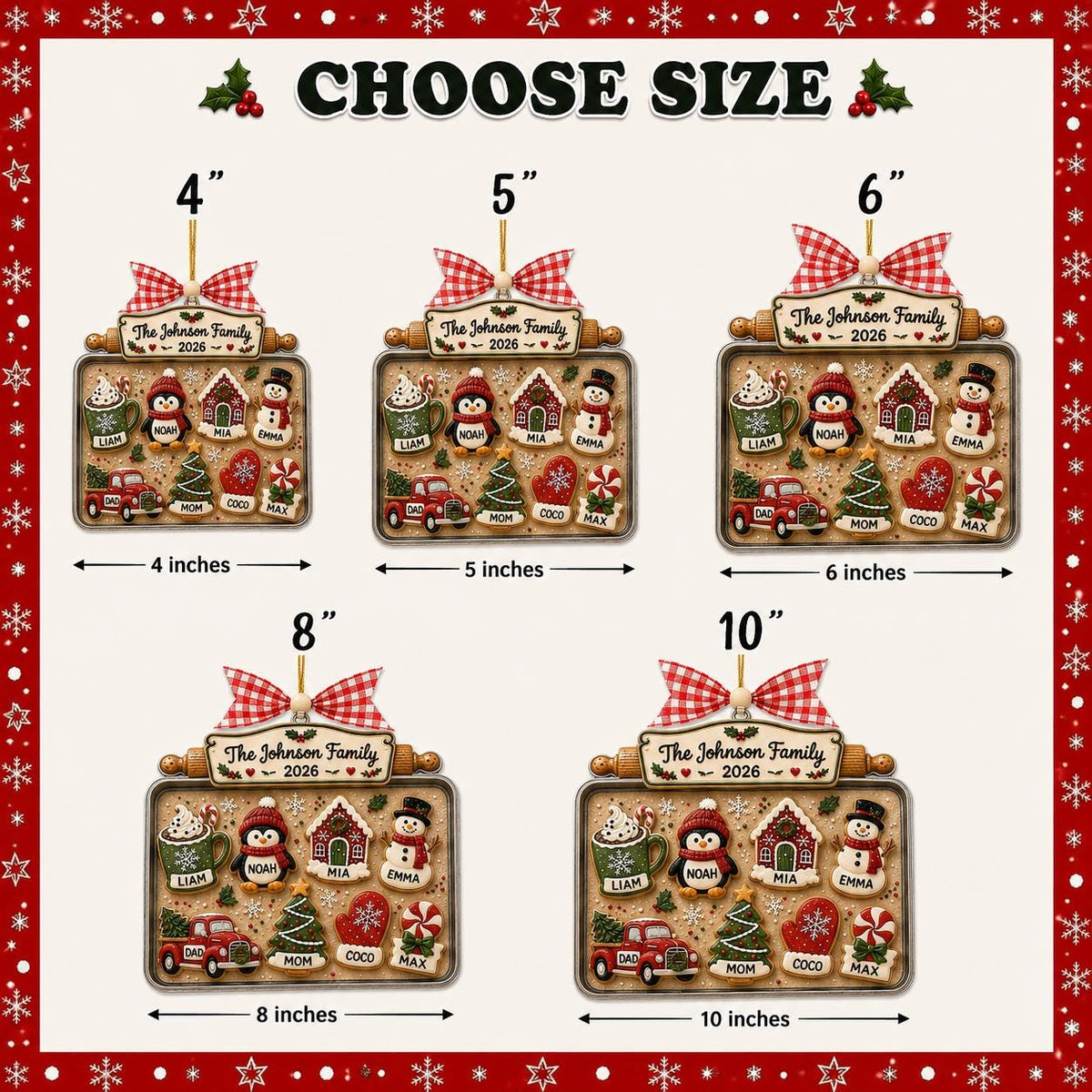 Size chart for the cookie baking tray ornament from 4 to 10 inches
