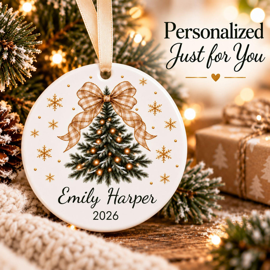 Linen gingham bow tree name ornament on a cozy holiday table