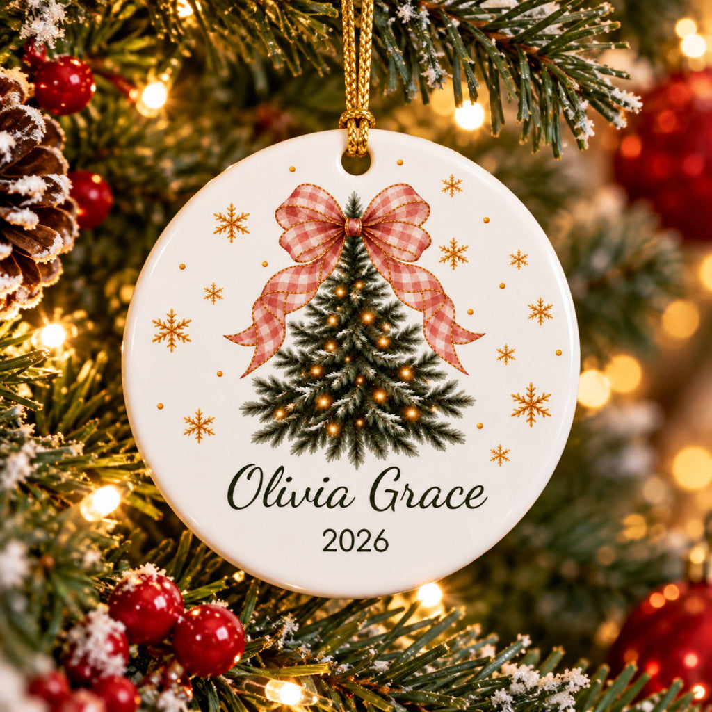 Blossom coral bow tree ornament personalized with Olivia Grace 2026