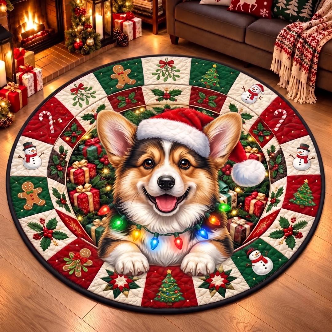 Corgi Christmas round quilted rug with presents and lights