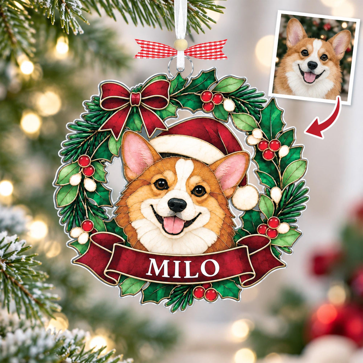 Corgi photo turned into a Christmas wreath pet ornament