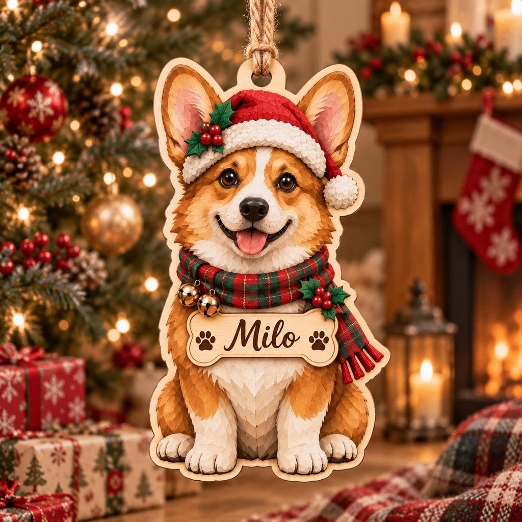 Corgi Santa hat ornament with custom dog name hanging near a cozy fireplace