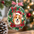 Corgi in Santa hat wreath ornament with name Milo