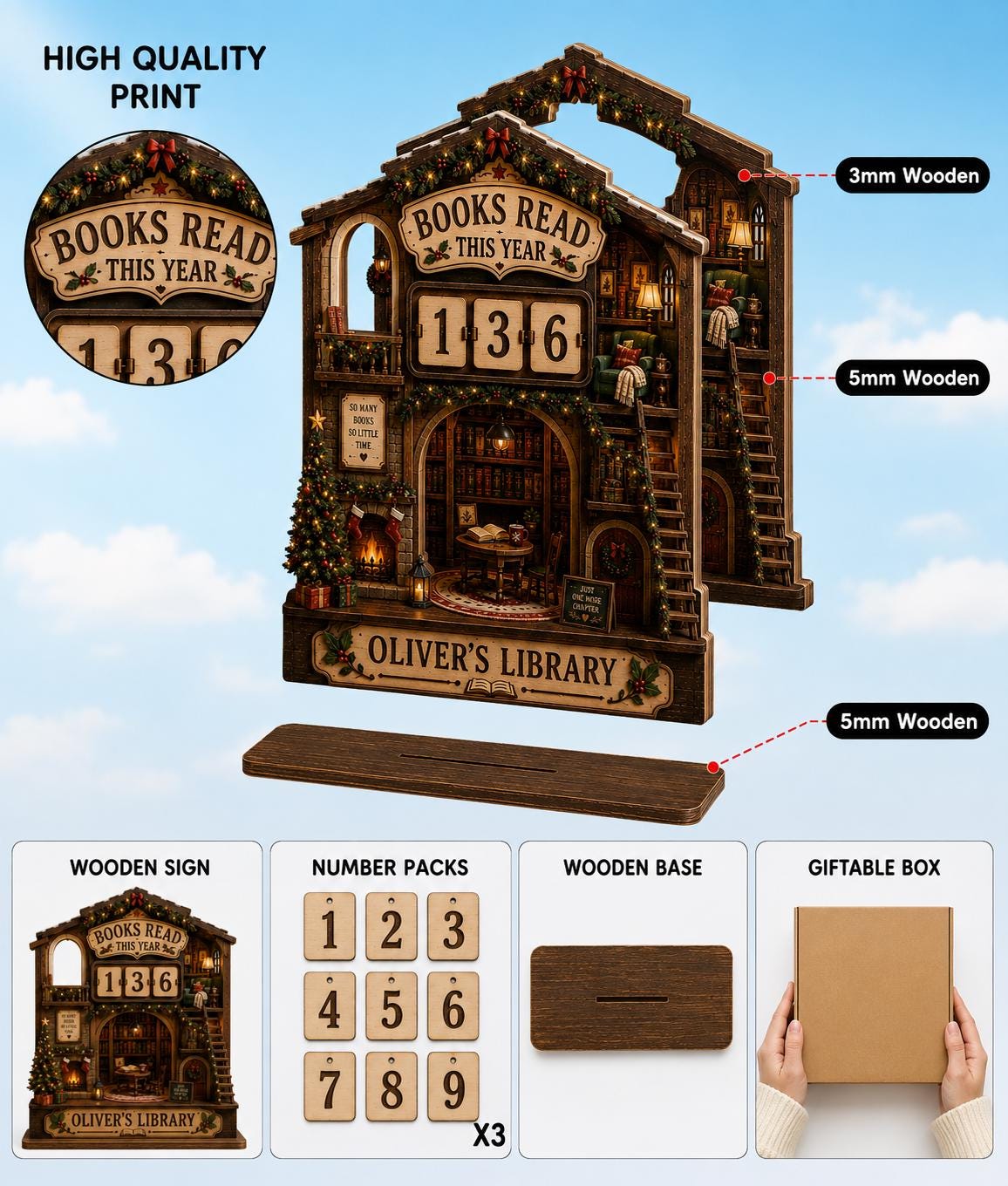 Layer view of the cottage library book tracker with number cards, wooden base stand and gift box