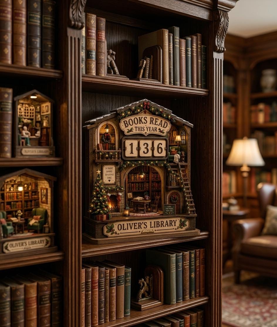 Oliver's Library Christmas cottage book tracker on a dark wood bookcase in a traditional home library