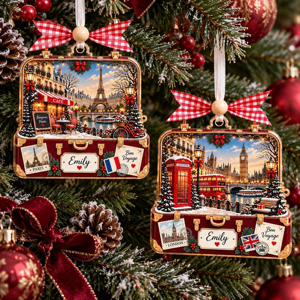 Two country suitcase ornaments with Emily by a red bow