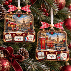 Two country suitcase ornaments with Emily by a red bow