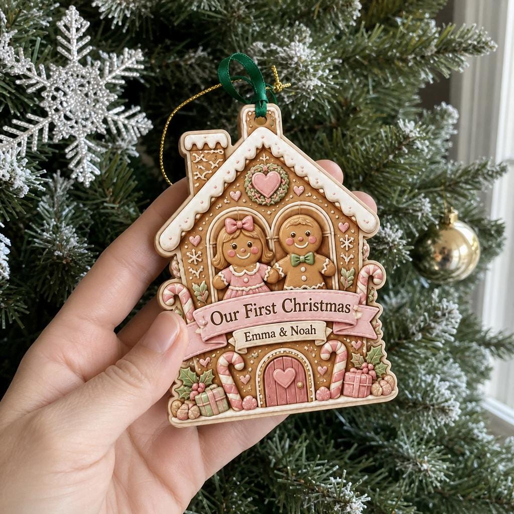 Hand holding a pink gingerbread house ornament personalized with Emma and Noah