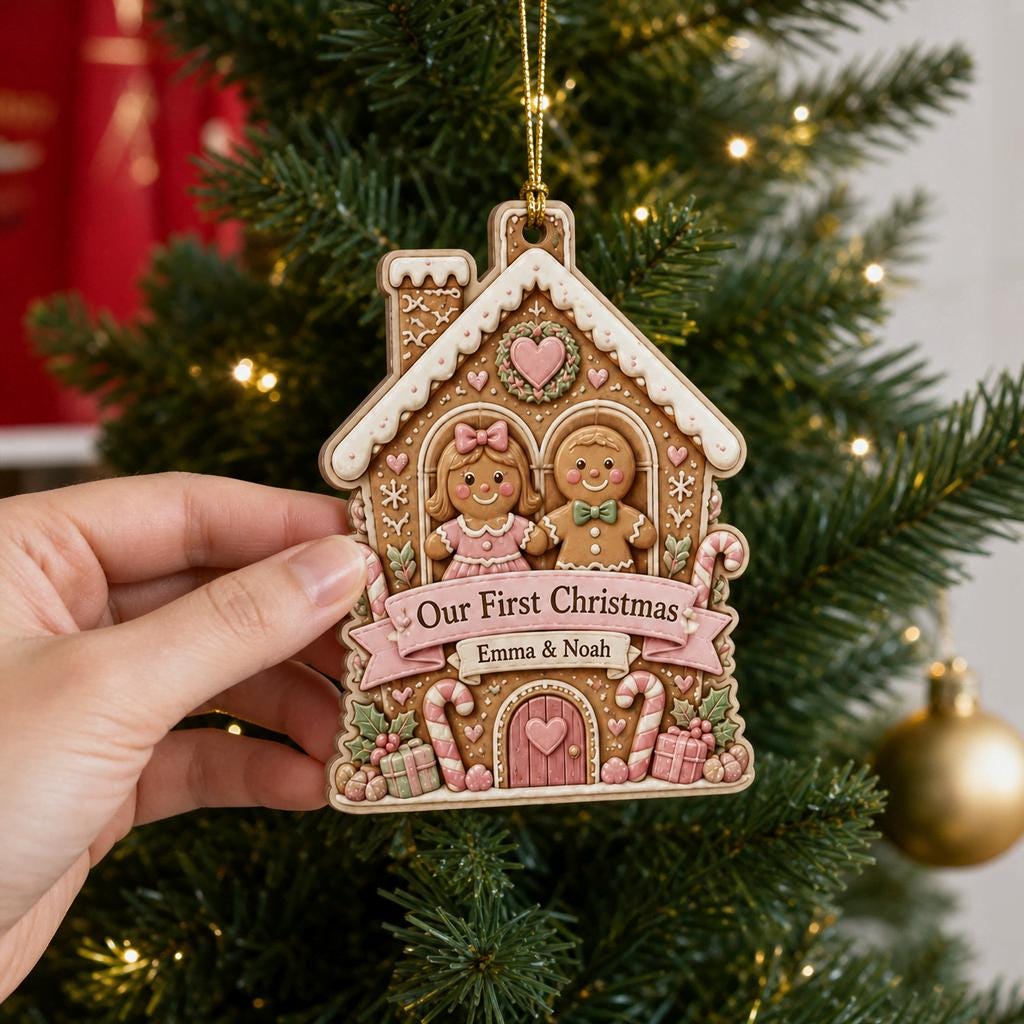 Personalized gingerbread house ornament with a gingerbread couple and Our First Christmas