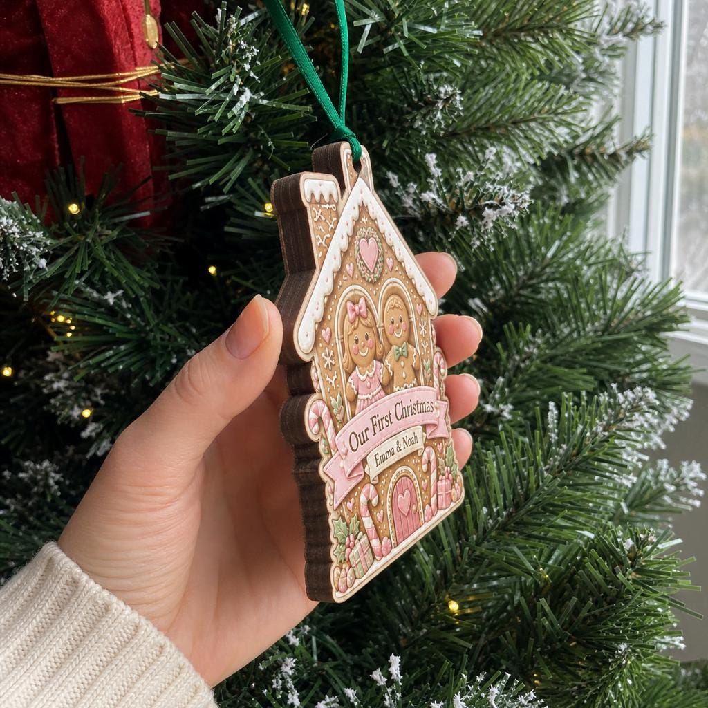 Side view of a gingerbread couple wooden ornament showing its plywood edge