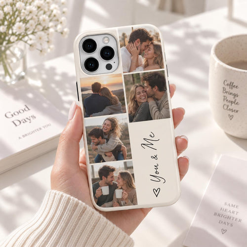 Couple photo collage phone case with the text You & Me held in hand