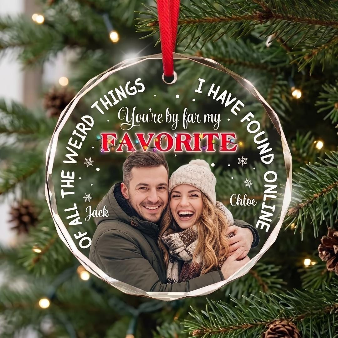 Couple photo glass ornament personalized with Jack and Chloe