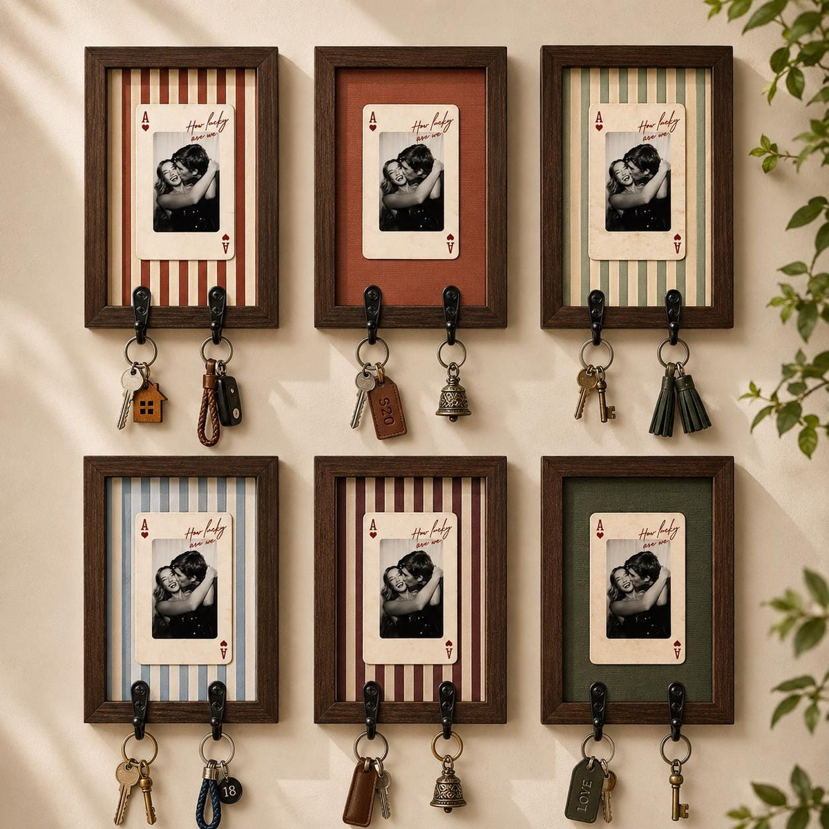 Six personalized wooden photo key holders with playing card couple photos on striped, plaid and solid backgrounds