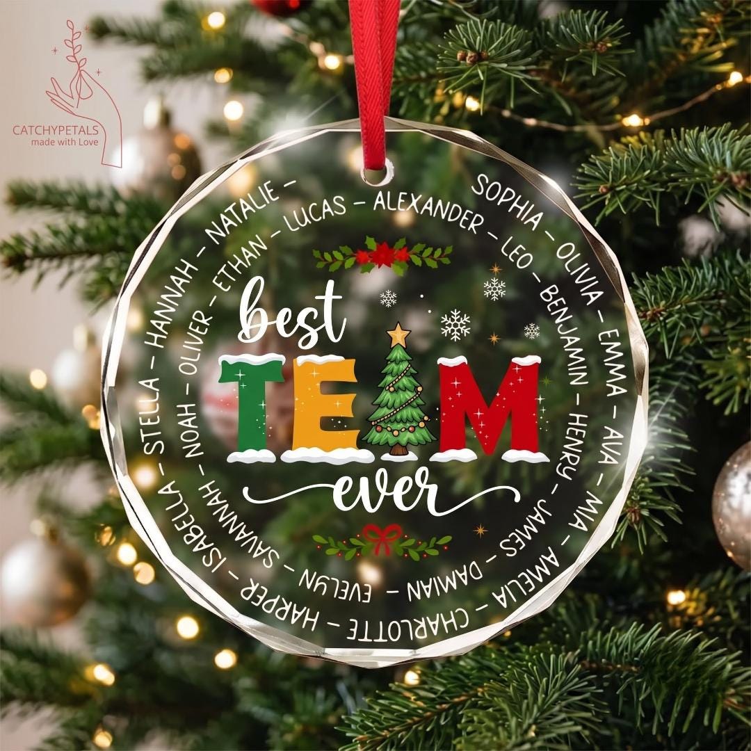 Close-up of the Best Team Ever coworker ornament with names