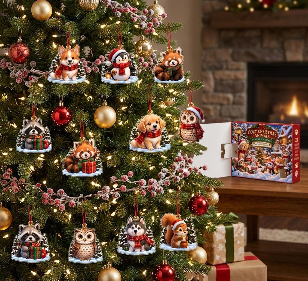 Acrylic corgi, penguin, raccoon and owl ornaments on a tree, with the opened Cozy Christmas Animals advent box