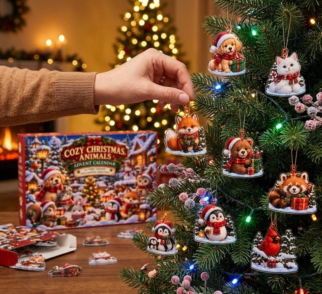 Hand hanging acrylic Christmas animal ornaments like a fox and puppy on a tree beside the Cozy Christmas Animals box