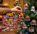 Hand hanging acrylic Christmas animal ornaments like a fox and puppy on a tree beside the Cozy Christmas Animals box