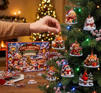 Hand hanging acrylic Christmas animal ornaments like a fox and puppy on a tree beside the Cozy Christmas Animals box