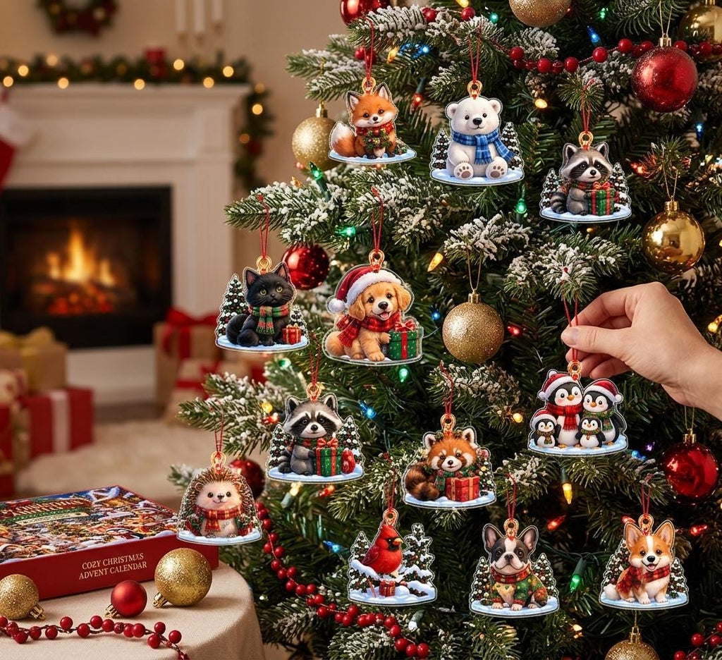 Hand hanging a penguin family ornament on a frosted tree among cat, polar bear and cardinal acrylic pieces