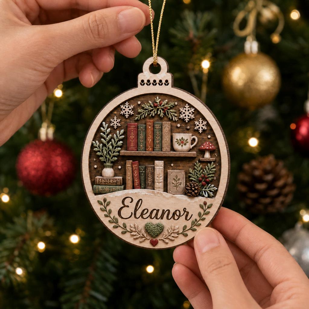 Book lover bookshelf name ornament hanging in front of a lit Christmas tree