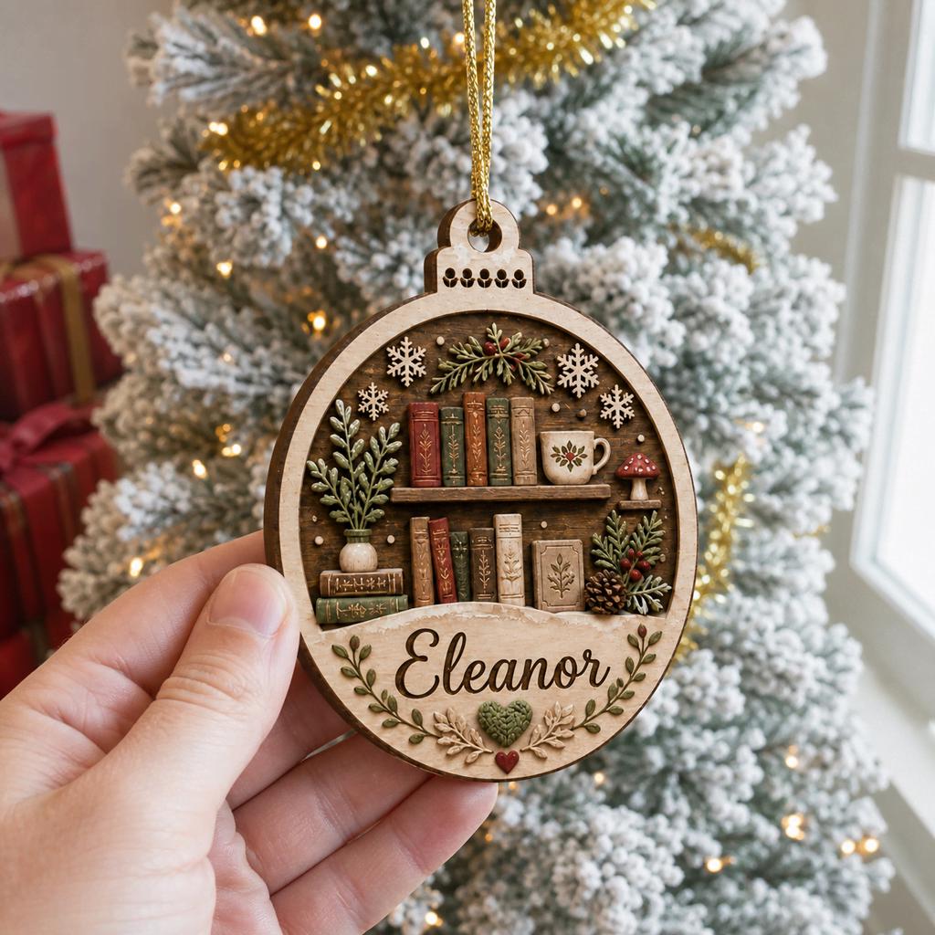 Hand holding personalized cozy bookshelf round wooden ornament with name by frosted tree