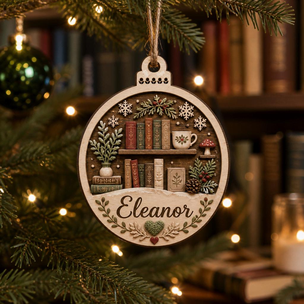 Bookshelf name ornament hanging on a Christmas tree in front of a home library
