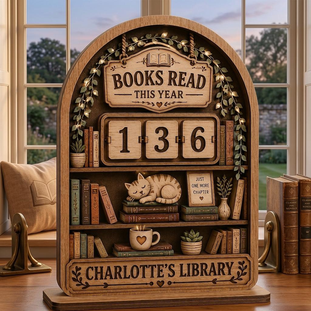 Charlotte's Library book tracker showing 136 books read, set on a window seat between brass bookends