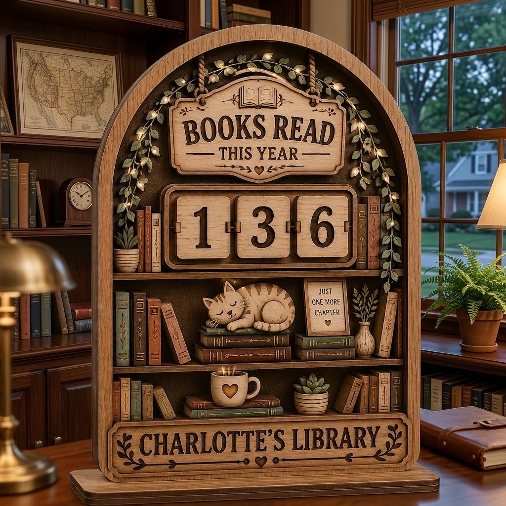 Arched wooden book tracker with a sleeping cat and fairy-light vines, reading Charlotte's Library, on a study desk