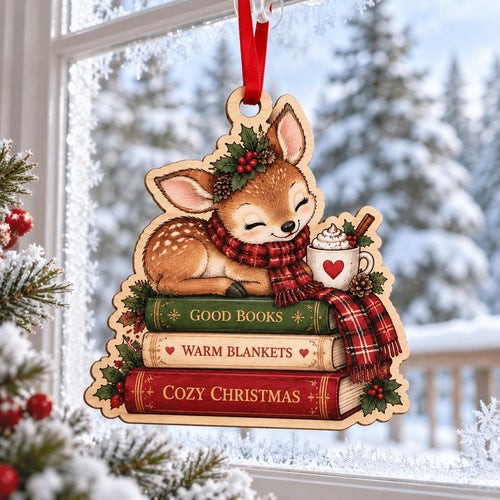 Cozy reading deer wooden ornament on a book stack with hot cocoa by window