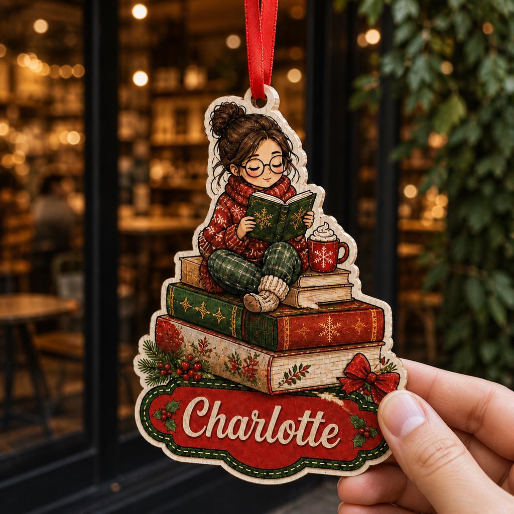 Hand holding personalized cozy reading girl on books wooden ornament outside a bookshop