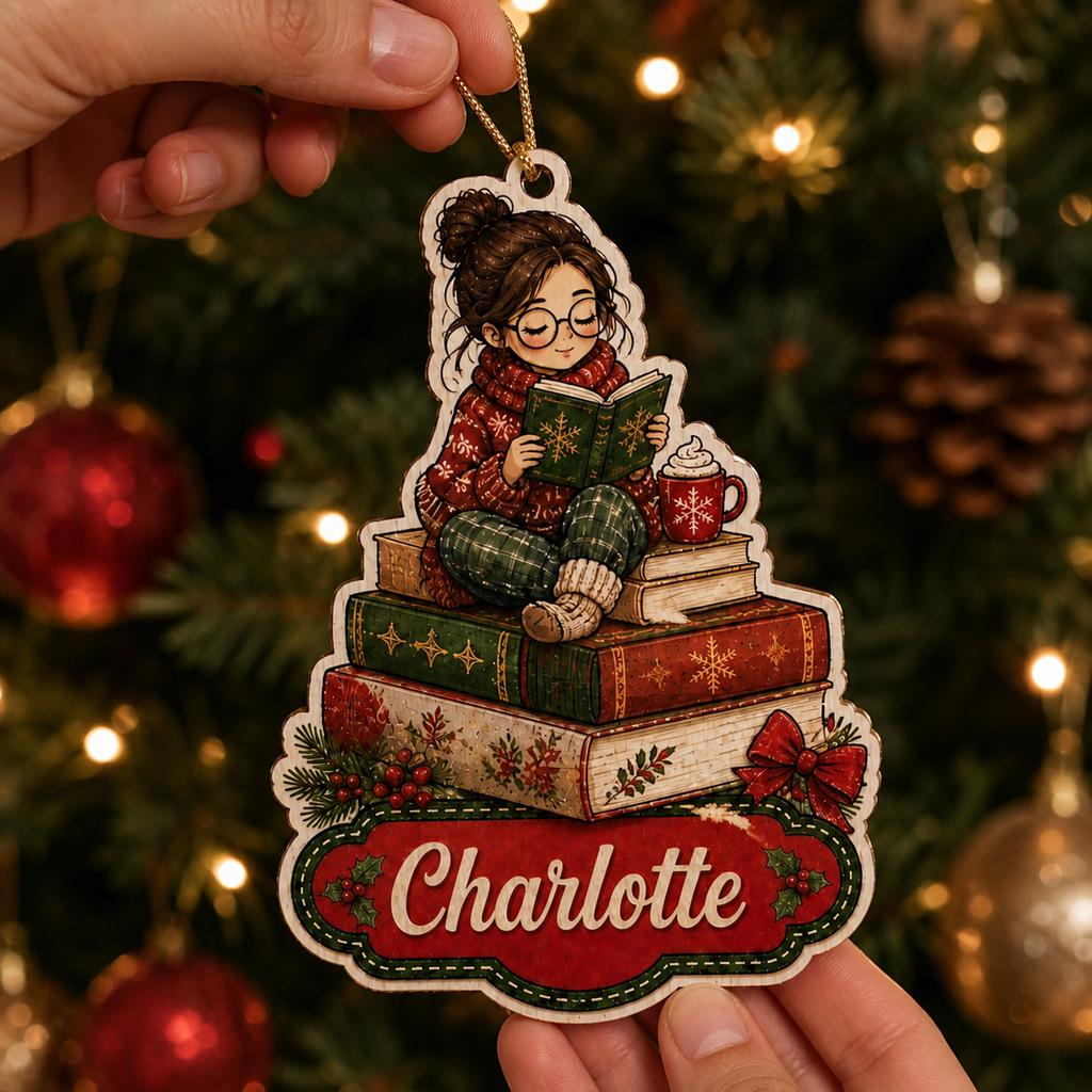 Personalized book lover reading girl wooden ornament hanging in front of Christmas tree