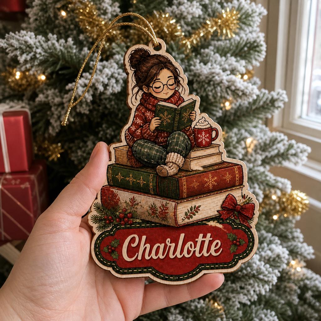 Hand holding personalized reading girl wooden ornament near frosted Christmas tree and gifts