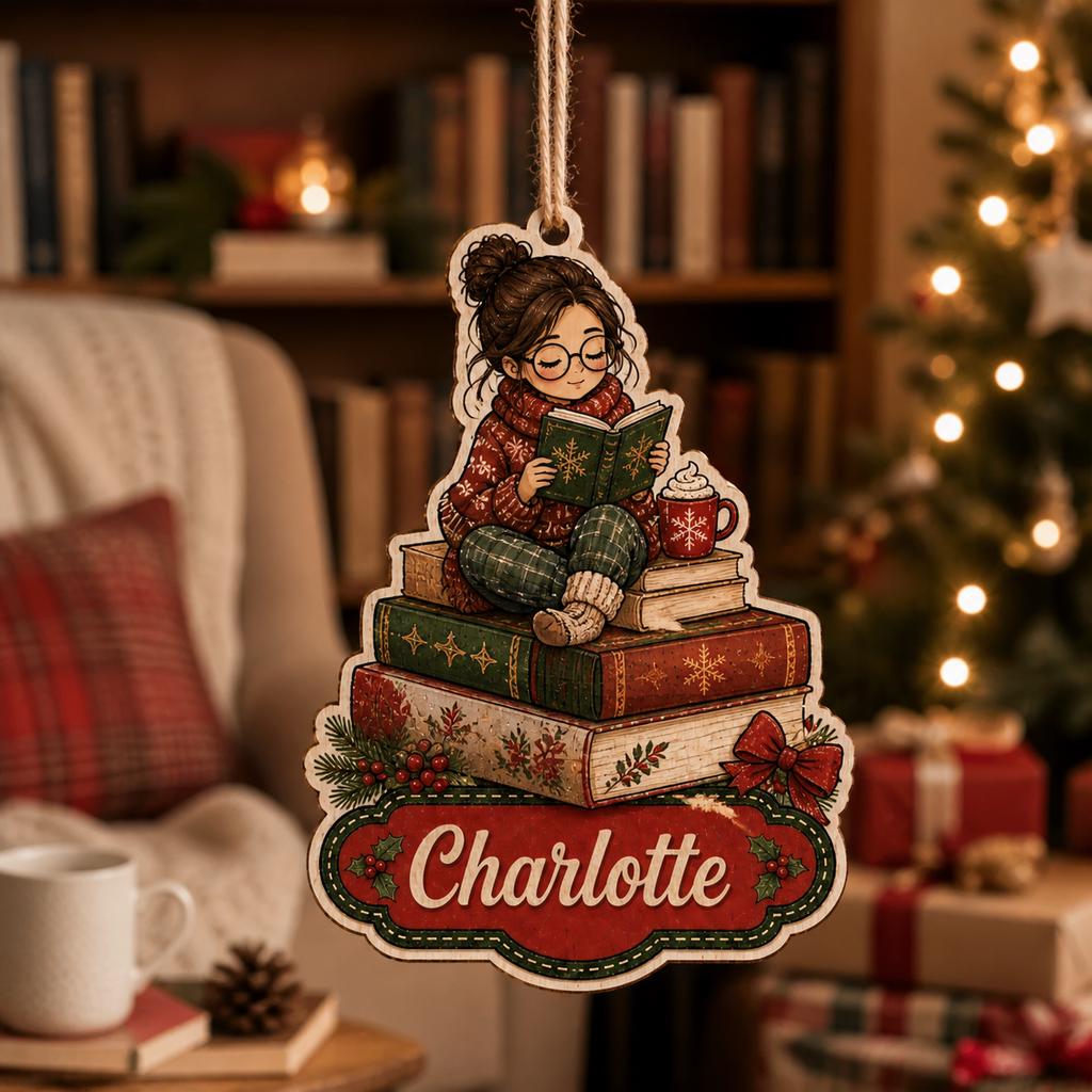 Reading girl on stack of books name ornament hanging in a cozy reading nook