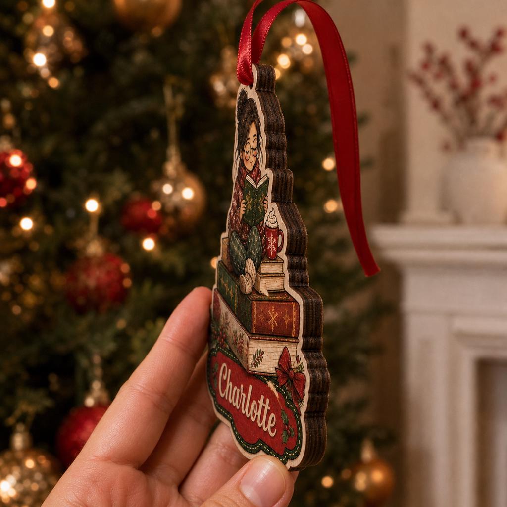 Side view of reading girl ornament with red ribbon showing layered wood thickness