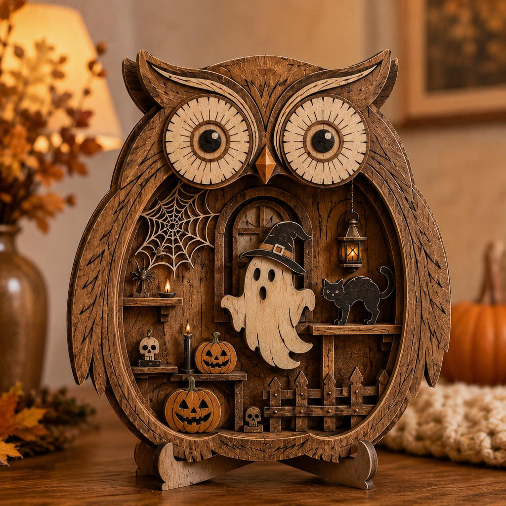 Layered wooden owl shelf sitter with a witch-hat ghost and black cat inside