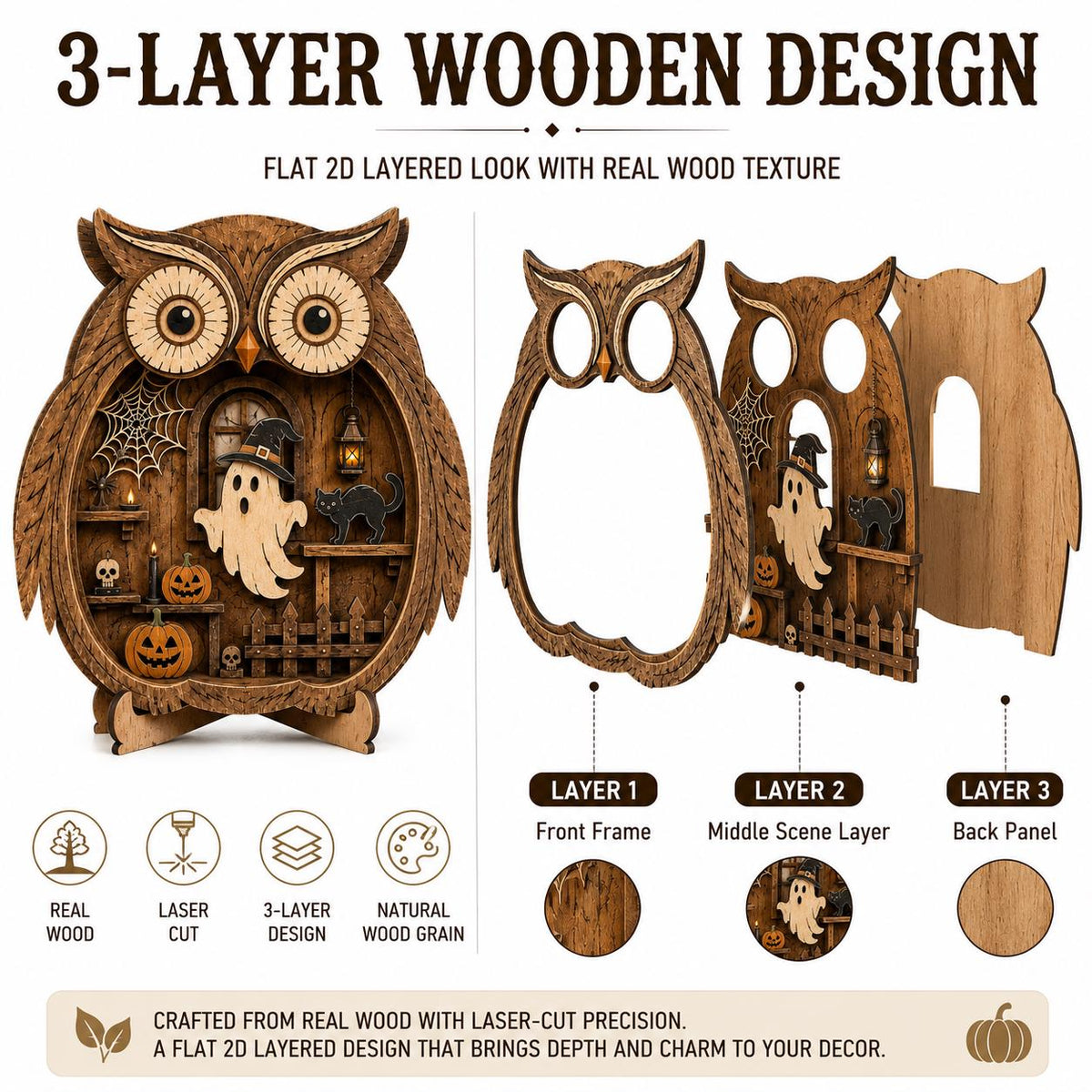 Graphic showing the three-layer construction of the cozy spooky owl decor