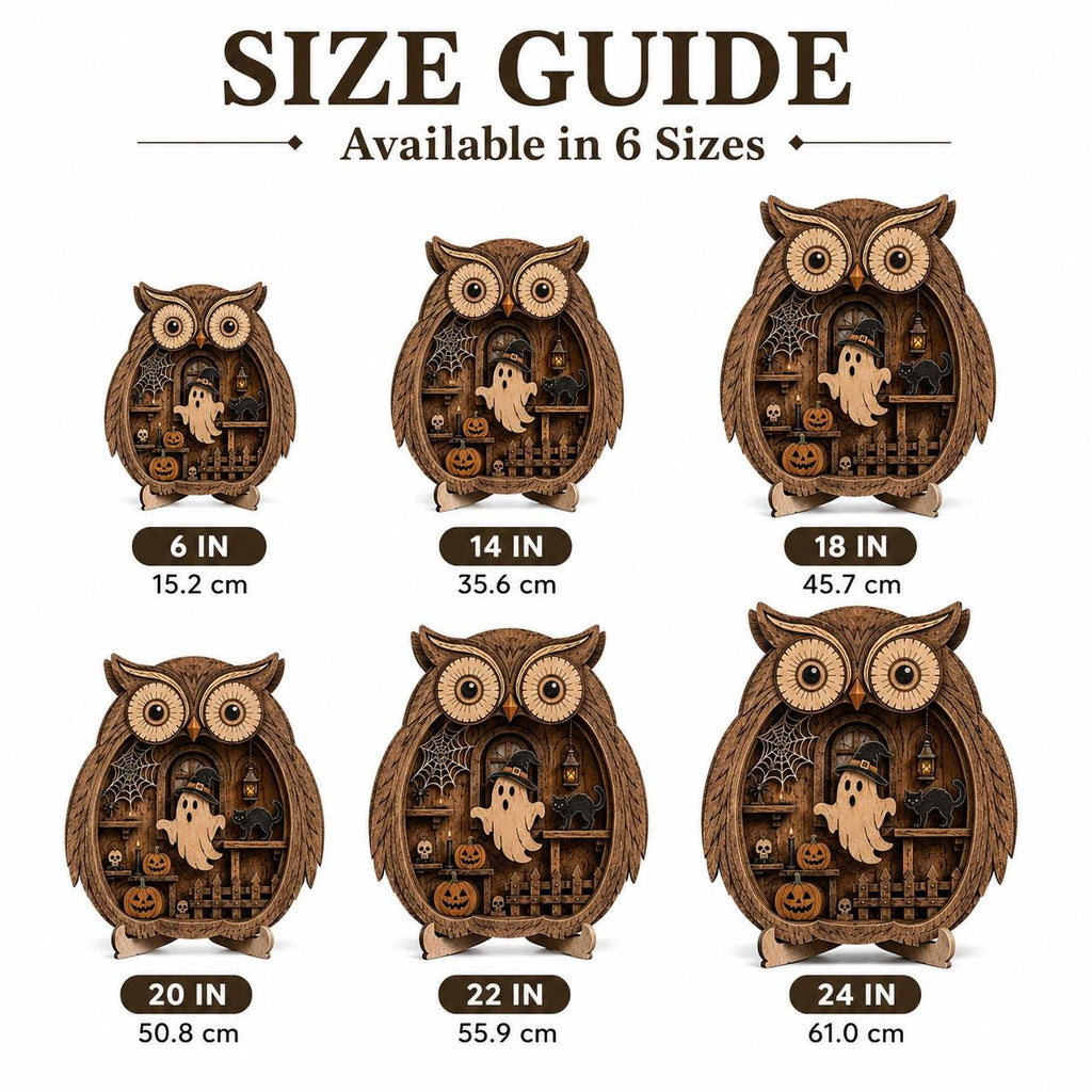 Size guide for the cozy spooky owl shelf sitter in six sizes