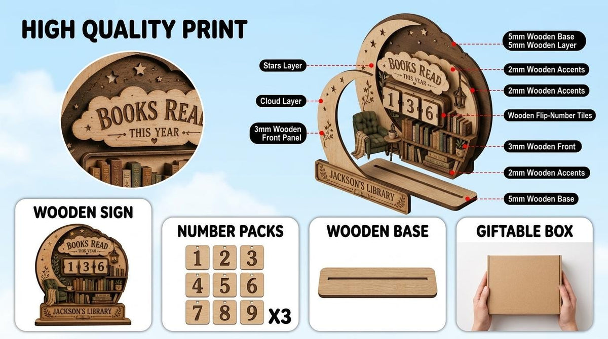 Layer view of the crescent moon book tracker with flip number tiles, number cards, wooden base and gift box