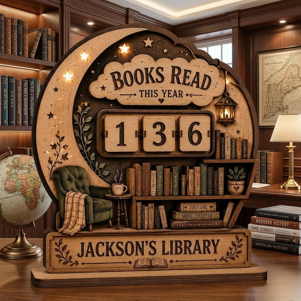 Jackson's Library crescent moon book tracker on a study desk with a globe, brass lamp and wood-paneled shelves