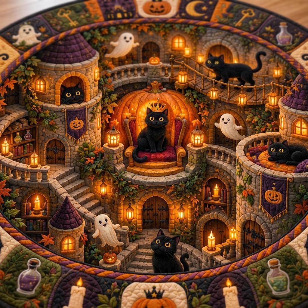 Close-up of a crowned black cat on a pumpkin throne surrounded by ghosts, stairways and glowing windows
