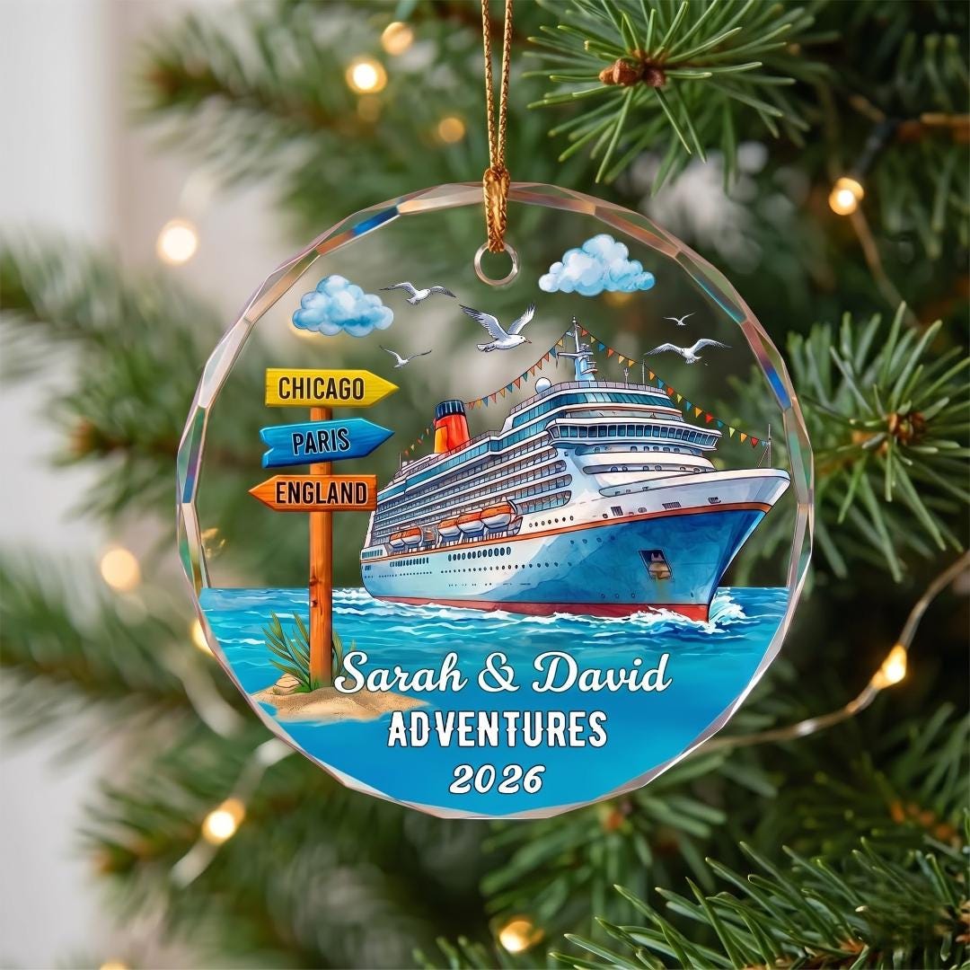 Cruise ship glass ornament personalized with Sarah & David Adventures 2026