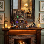 Witch hat manor Halloween house on a fireplace mantel between candle lanterns, with a raven and a spell book nearby