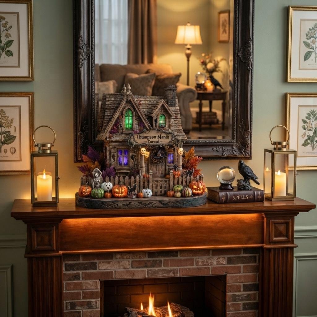 Witch hat manor Halloween house on a fireplace mantel between candle lanterns, with a raven and a spell book nearby