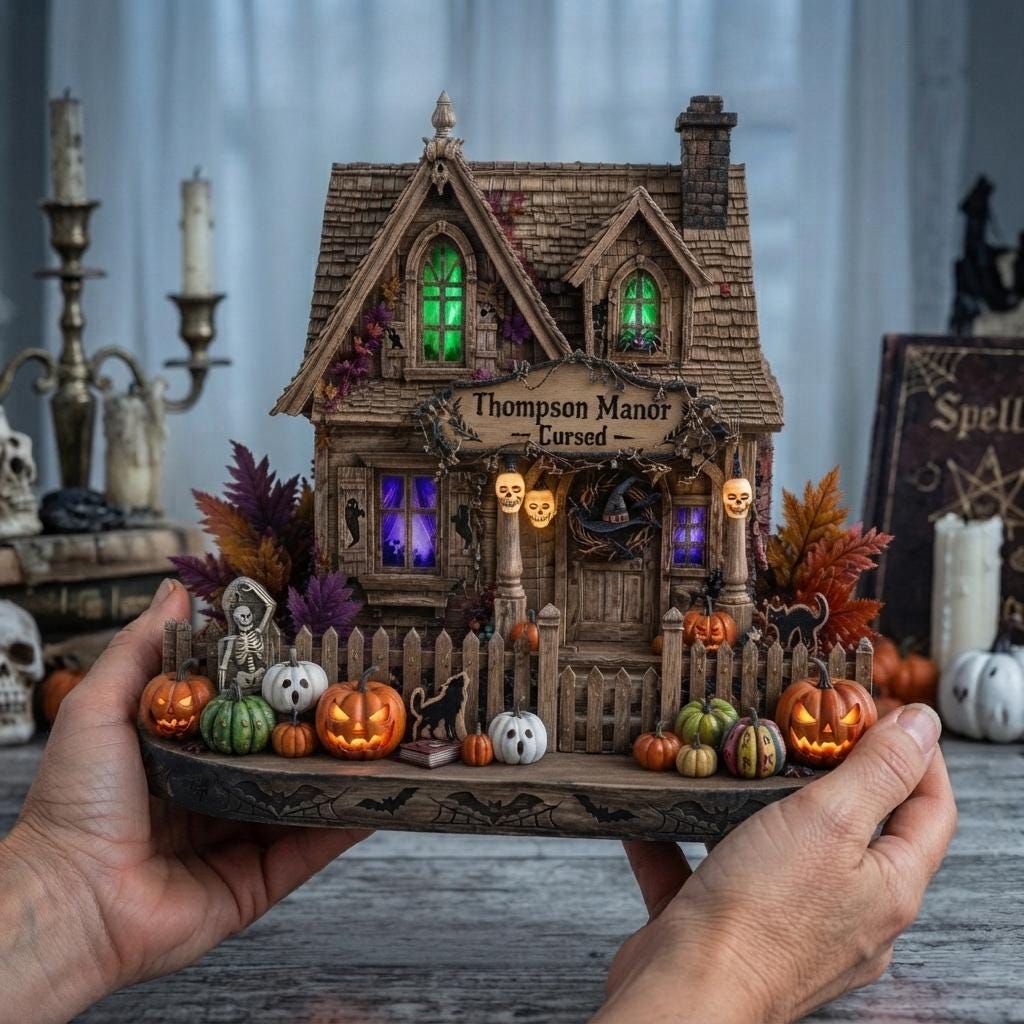 Hands holding the cursed witch manor decor, showing the witch hat wreath, skeleton, cat silhouettes and pumpkins