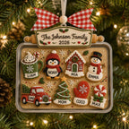 Custom cookie tray ornament with red gingham bow hanging on a tree